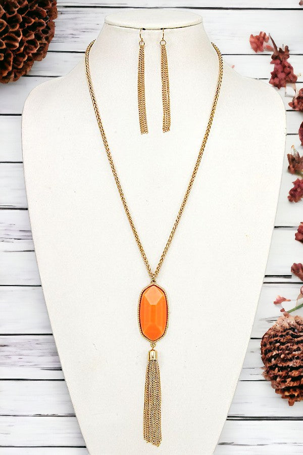 FACETED OVAL CHAIN TASSEL LONG NECKLACE SET