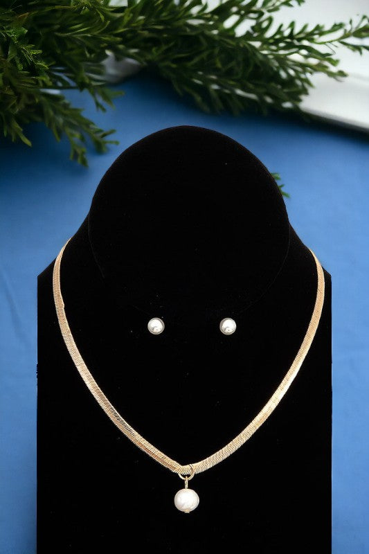 Flat Chain Pearl Pendant Necklace Set