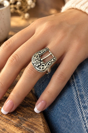 WESTERN FLORAL ETCHED BELT BUCKLE STRETCH RING