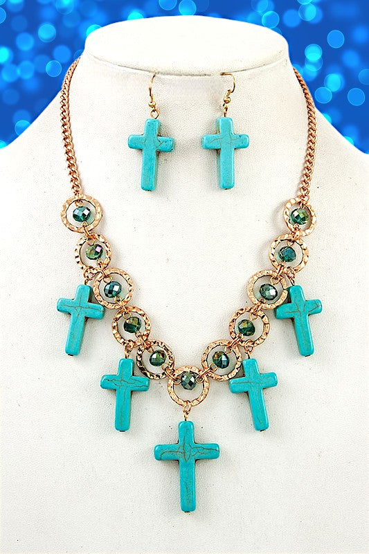 BEADED CROSS DANGLE PENDANT NECKLACE SET