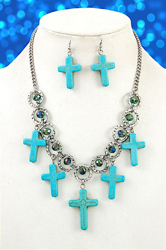 BEADED CROSS DANGLE PENDANT NECKLACE SET