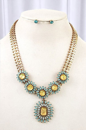 Floral Crystal Pendant Necklace Set