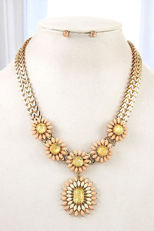 Floral Crystal Pendant Necklace Set