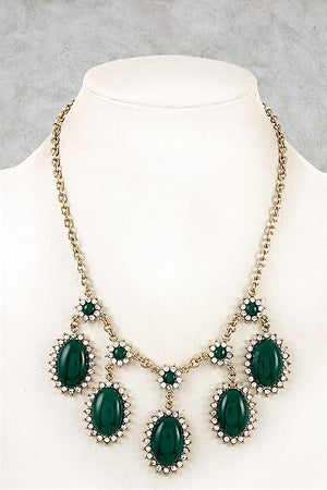 RHINESTONE OVAL FRAMED DANGLE BIB NECKLACE
