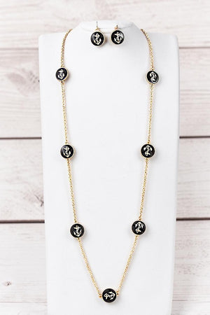 ANCHOR ETCHED DISK STATIONED LONG NECKLACE AND EARRING SET