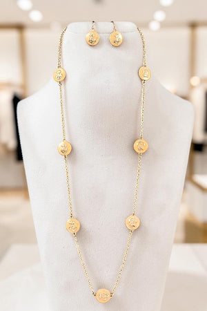 ANCHOR ETCHED DISK STATIONED LONG NECKLACE AND EARRING SET