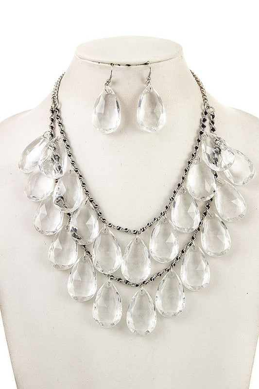 Faceted Crystal Teardrop Bib Necklace Set