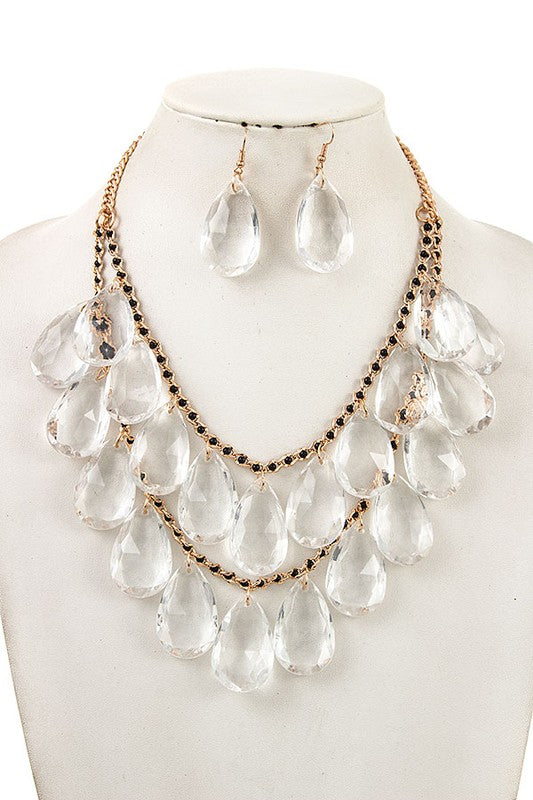 Faceted Crystal Teardrop Bib Necklace Set