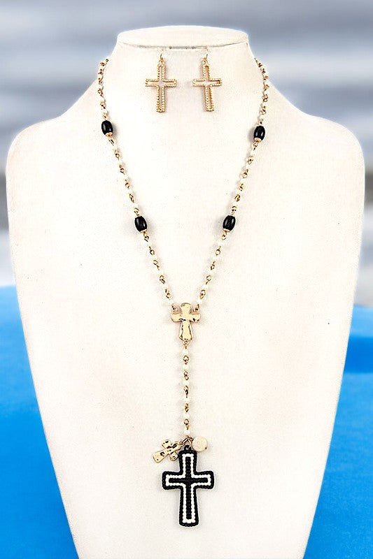 BEADED CROSS ACCENT PENDANT NECKLACE SET