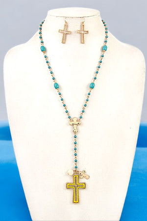 BEADED CROSS ACCENT PENDANT NECKLACE SET