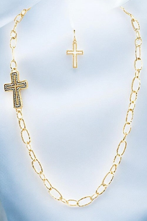 Beaded Cross Long Chain Necklace Set