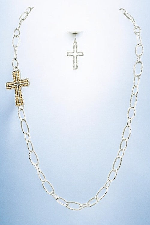 Beaded Cross Long Chain Necklace Set