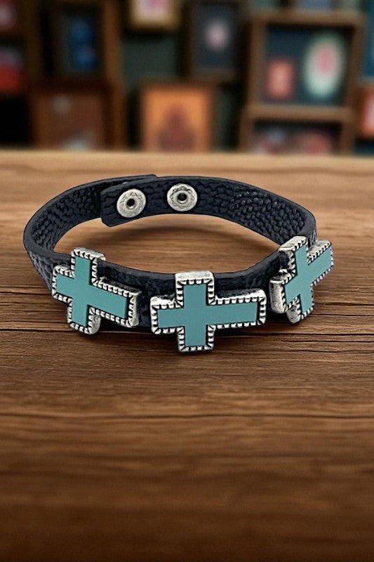 TRIPLE TQ CROSS ACCENT LEATHER BRACELET