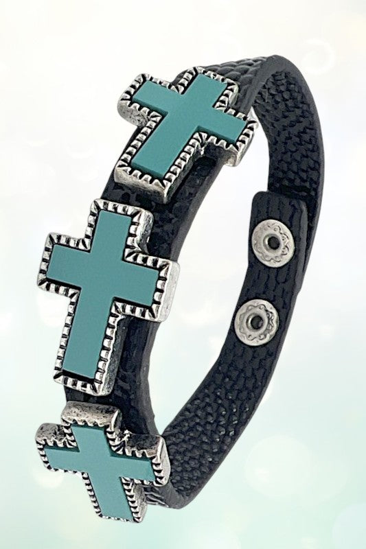 TRIPLE TQ CROSS ACCENT LEATHER BRACELET