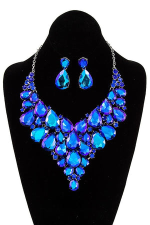 CLUSTER FACETED TEARDROP GEM EVENING NECKLACE SET