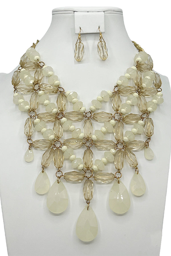 TIERED FACETED GEM DANGLING BIB NECKLACE SET