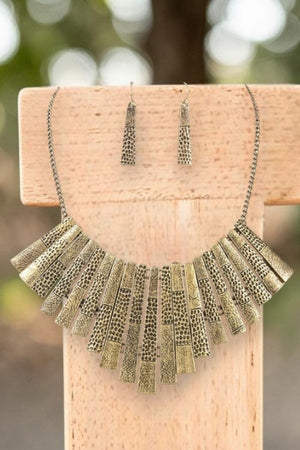 HAMMERED BAR FAN FRINGE STATEMENT NECKLACE AND MATCHING EARRING SET