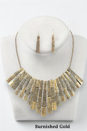 HAMMERED BAR FAN FRINGE STATEMENT NECKLACE AND MATCHING EARRING SET