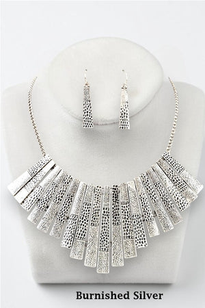 HAMMERED BAR FAN FRINGE STATEMENT NECKLACE AND MATCHING EARRING SET