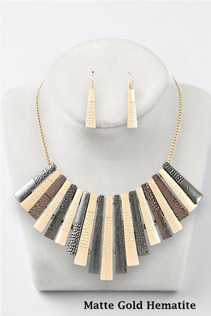 HAMMERED BAR FAN FRINGE STATEMENT NECKLACE AND MATCHING EARRING SET