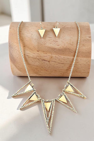 TRIANGULAR SPIKE TEXTURED FRAMED NECKLACE AND EARRING SET