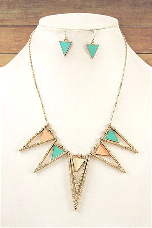 TRIANGULAR SPIKE TEXTURED FRAMED NECKLACE AND EARRING SET
