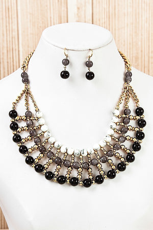 MIX COLOR MULTI BALL BEAD BIB NECKLACE AND BEADS DANGLE EARRING SET