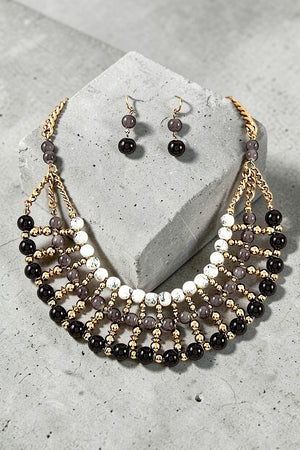 MIX COLOR MULTI BALL BEAD BIB NECKLACE AND BEADS DANGLE EARRING SET