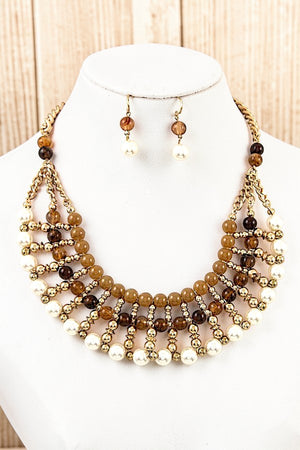 MIX COLOR MULTI BALL BEAD BIB NECKLACE AND BEADS DANGLE EARRING SET