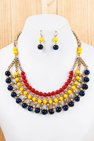 MIX COLOR MULTI BALL BEAD BIB NECKLACE AND BEADS DANGLE EARRING SET