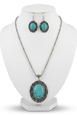 OVAL FRAMED TQ GEMSTONE PENDANT NECKLACE EARRING SET