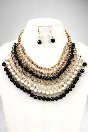PEARL AND GLASS BEAD DANGLE BIB NECKLACE AND MATCHING EARRING SET