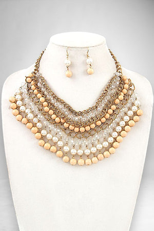 PEARL AND GLASS BEAD DANGLE BIB NECKLACE AND MATCHING EARRING SET
