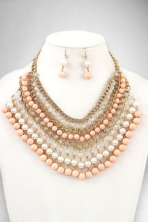 PEARL AND GLASS BEAD DANGLE BIB NECKLACE AND MATCHING EARRING SET