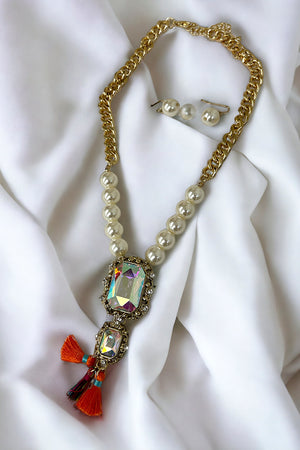 Faceted Gem Pearl Bead Tassel Necklace Set