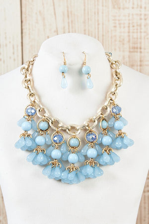MULTI BEAD LINK CLUSTERS DANGLE CHAIN STATEMENT NECKLACE AND BEAD DANGLE EARRING SET