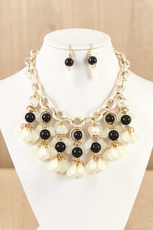 MULTI BEAD LINK CLUSTERS DANGLE CHAIN STATEMENT NECKLACE AND BEAD DANGLE EARRING SET