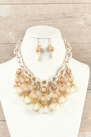 MULTI BEAD LINK CLUSTERS DANGLE CHAIN STATEMENT NECKLACE AND BEAD DANGLE EARRING SET