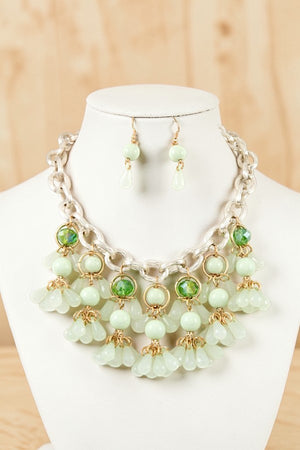 MULTI BEAD LINK CLUSTERS DANGLE CHAIN STATEMENT NECKLACE AND BEAD DANGLE EARRING SET