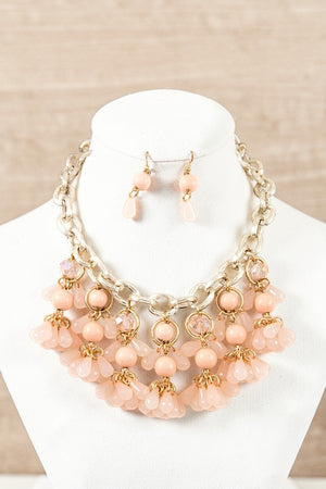 MULTI BEAD LINK CLUSTERS DANGLE CHAIN STATEMENT NECKLACE AND BEAD DANGLE EARRING SET