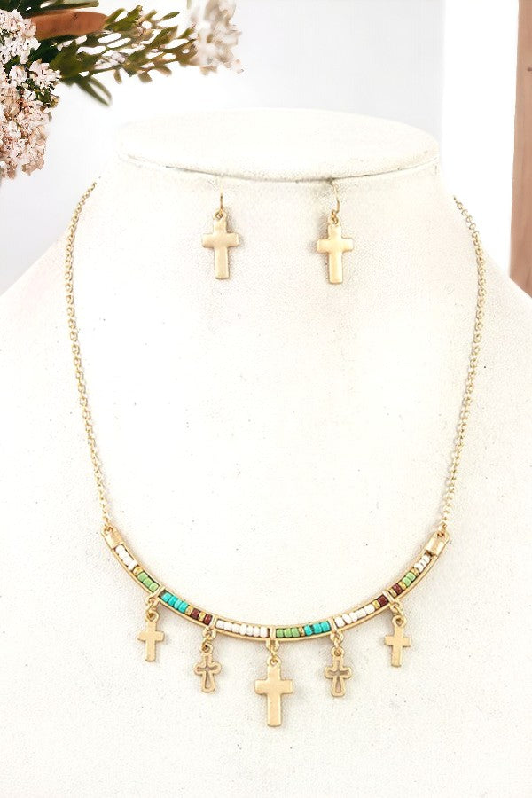 CURVED BEAD CROSS DANGLE NECKLACE SET