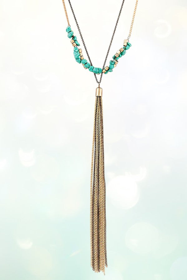 ELONGATED NUGGET GEM CHAIN TASSEL NECKLACE
