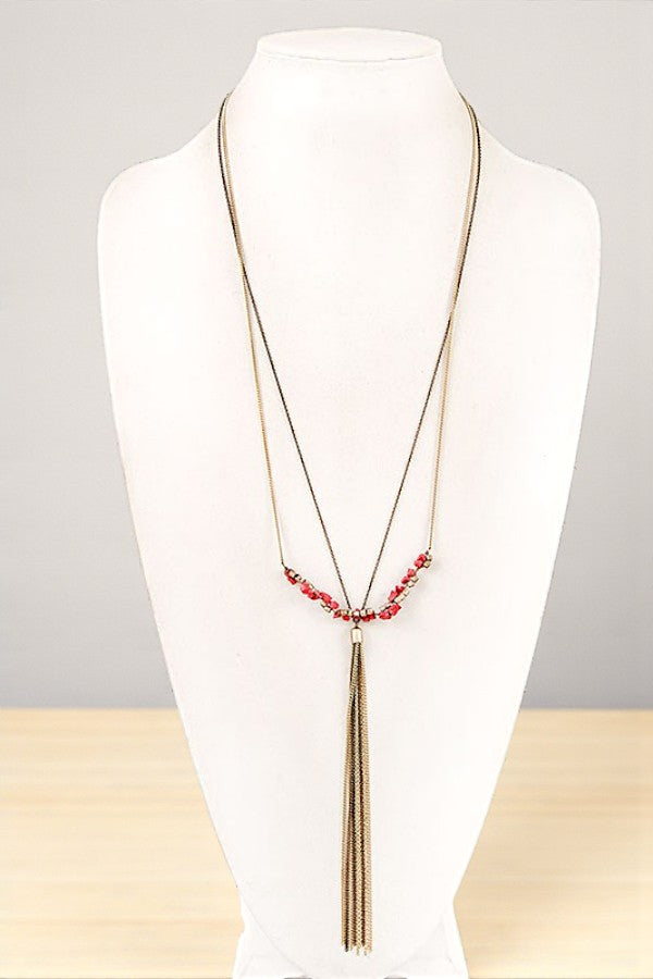 ELONGATED NUGGET GEM CHAIN TASSEL NECKLACE