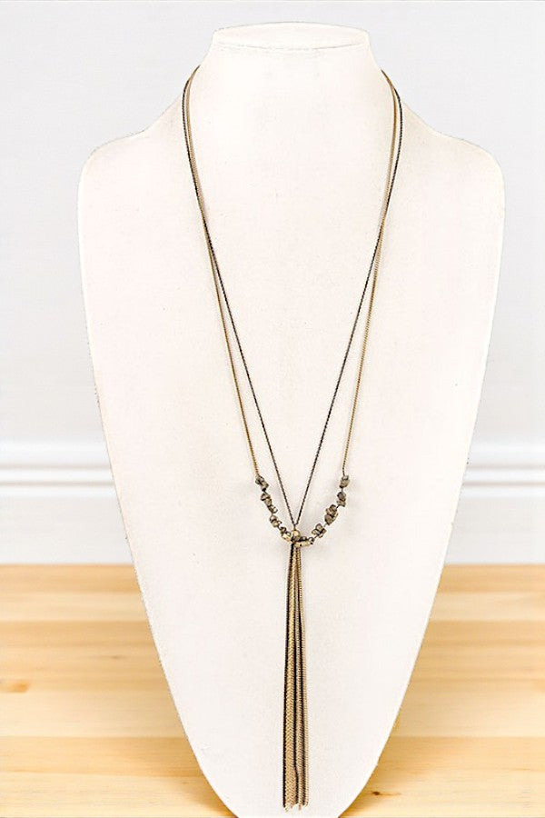ELONGATED NUGGET GEM CHAIN TASSEL NECKLACE