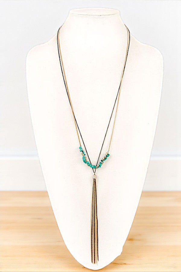 ELONGATED NUGGET GEM CHAIN TASSEL NECKLACE