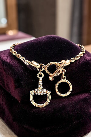 RHINESTONE ACCENT SNAFFLE BIT LINK BRAIDED CHAIN BRACELET