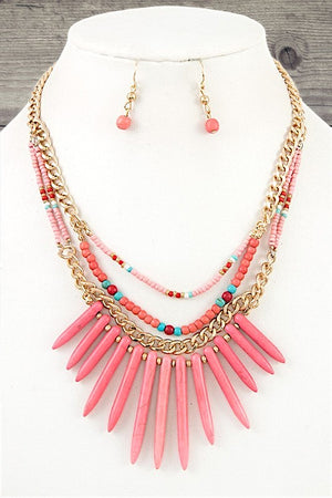 FRINGE GEM MULTI ROW BEAD NECKLACE SET