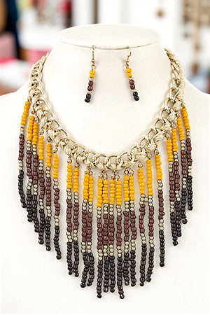 MULTI SEED BEADS FRINGE STATEMENT BIB NECKLACE AND EARRING SET