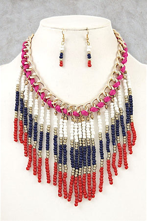 MULTI SEED BEADS FRINGE STATEMENT BIB NECKLACE AND EARRING SET