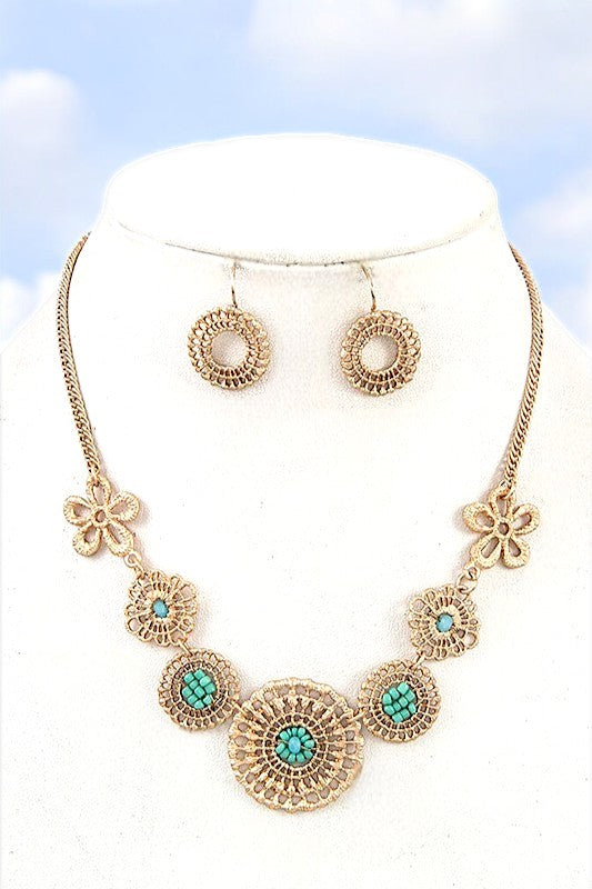 ROUND BEAD FLORAL LINK NECKLACE SET